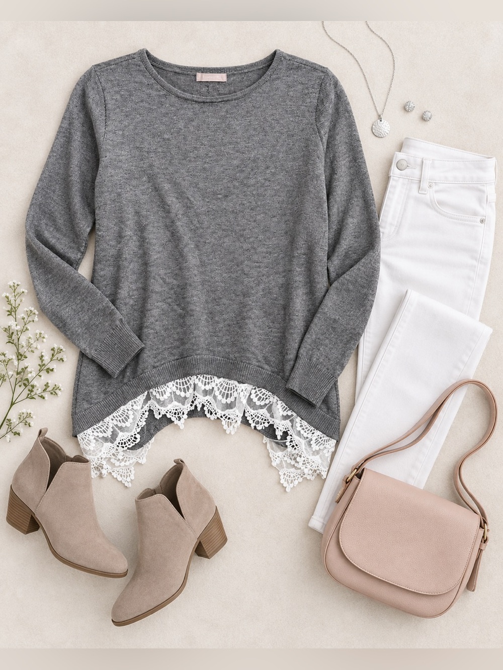 Altar’d State Gray Lace Hem Long Sleeve Sweater